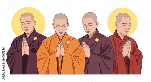 Four monks praying together in traditional robes with aureoles above their heads