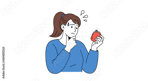 Woman worried about financial situation holding empty wallet considering money problems