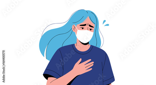 Person with blue hair wearing a mask experiencing respiratory distress or discomfort
