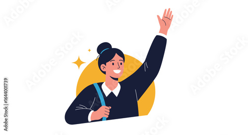 A cheerful young woman waves hello with a friendly smile and sparkle
