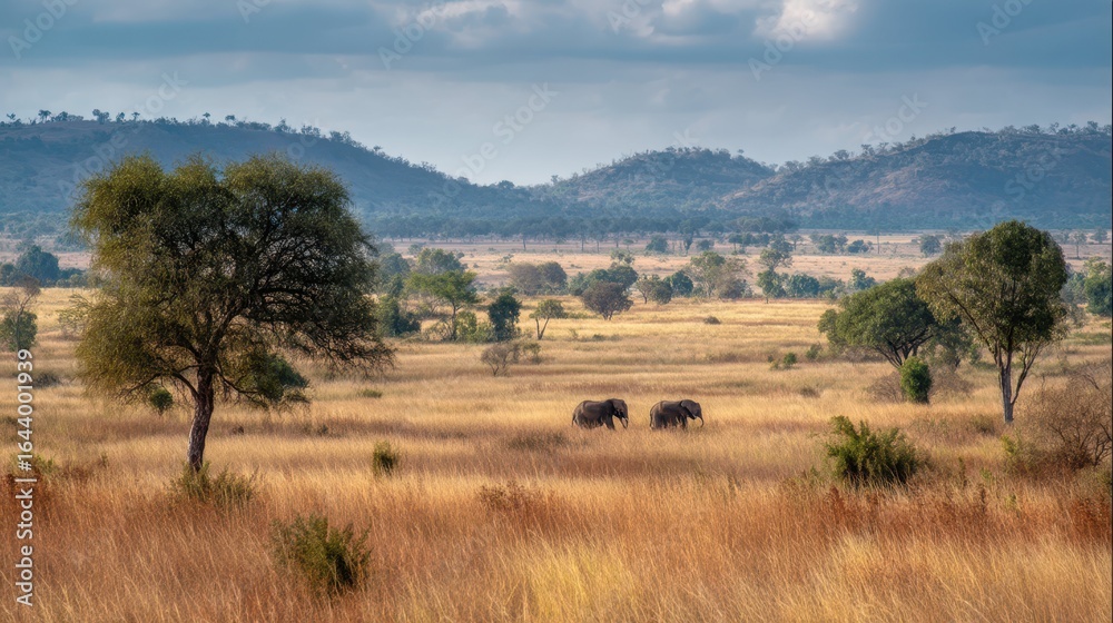 Obraz premium Wide Savanna Landscape Featuring Elephants in the Distance