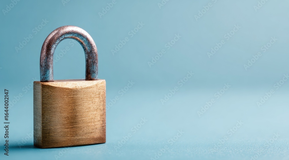 Fototapeta premium Weathered brass padlock on a light blue background, suggesting security and age