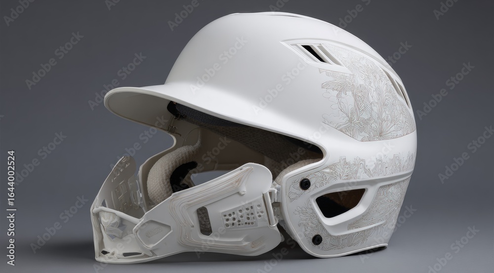 Fototapeta premium Off-white baseball batting helmet with integrated facemask; features a subtle, etched floral pattern