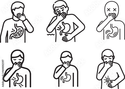 Nausea and Stomach Ache Icon Set, Sick Person Holding Stomach Vector Illustration