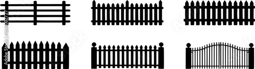 Six black fence designs including picket and gate styles silhouette