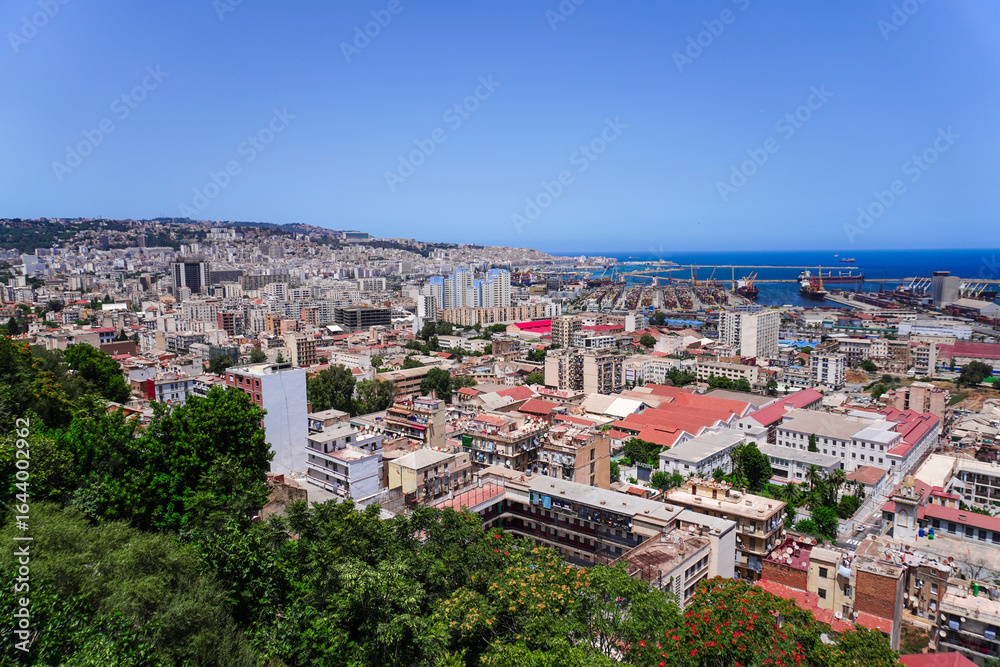 Fototapeta premium Alger the capital city of Algeria, North Africa, city centre of Algiers, the capital of Algeria, Landscape of Algiers city With port and mediterranean sea and white buildings, Arab Maghreb Africa.