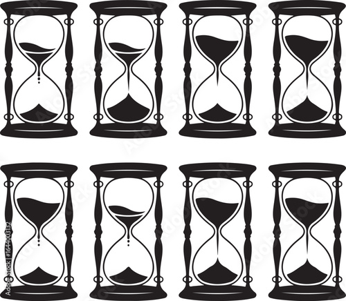 Eight black hourglasses with sand falling time measurement