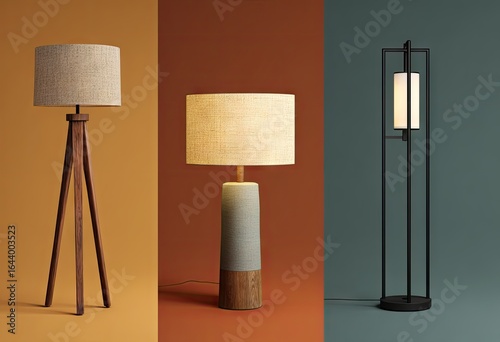Three contemporary floor lamps, each with a unique design a tripod wood base, a textured cylinder base, and a minimalist metal frame, are displayed against contrasting colored backdrops