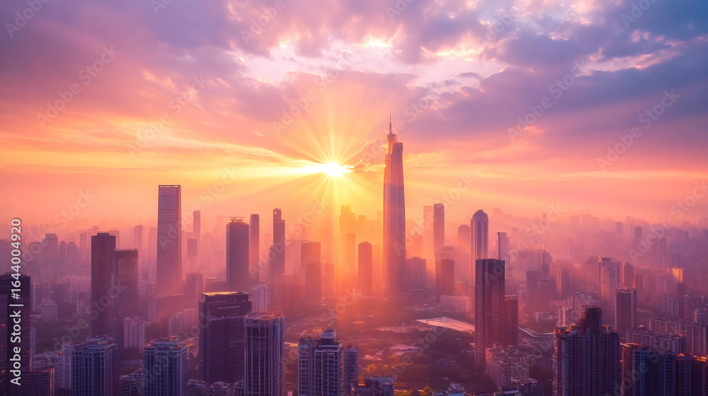 Fototapeta premium City skyline at sunset, illuminated by a golden sun.
