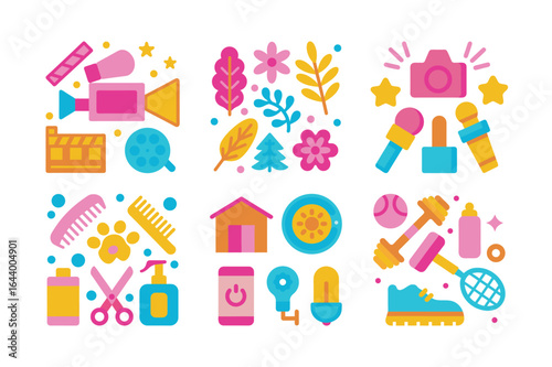 Colorful Icon Set Featuring Diverse Themes Such as Media Nature Beauty Home and Fitness in a Vector Graphic