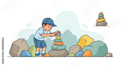Balancing Act A Young Boy Builds Colorful Stone Stacks Outdoors