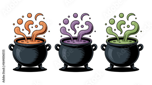 Three halloween cauldrons bubbling with colorful potions