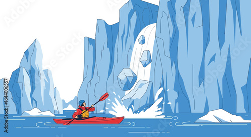Adventurous Kayaker Navigating Icy Waters Amidst Glacial Landscape Illustration