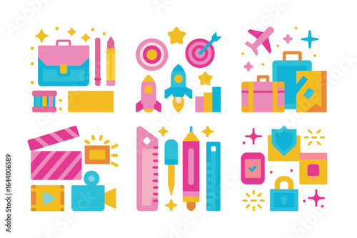 Vibrant Flat Design Vector Illustration Featuring Education Business Travel and Security Elements on White Background Perfect for Modern Visuals