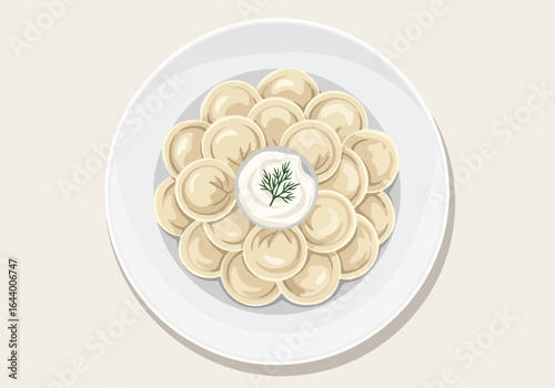 Flat vector top-down view of boiled dumplings with sour cream and dill
