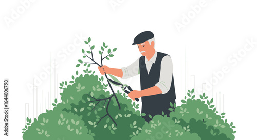 Aged man trimming garden hedge with pruning shears showcases yard work and outdoor maintenance tasks in a green landscape