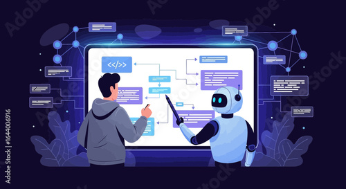 AI collaboration in software development human coder and robot working together on a project interface