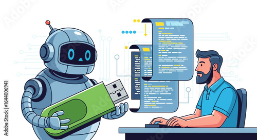 AI robot interacting with a human programmer transferring data with a flash drive automation