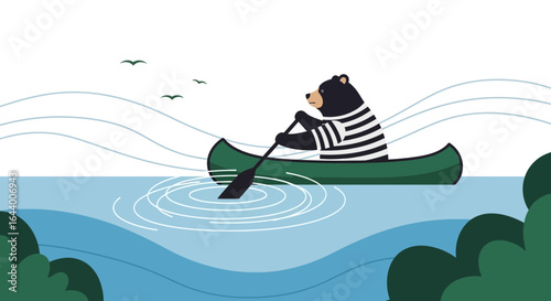 Bear enjoying canoeing on a calm lake with minimalistic illustration style background