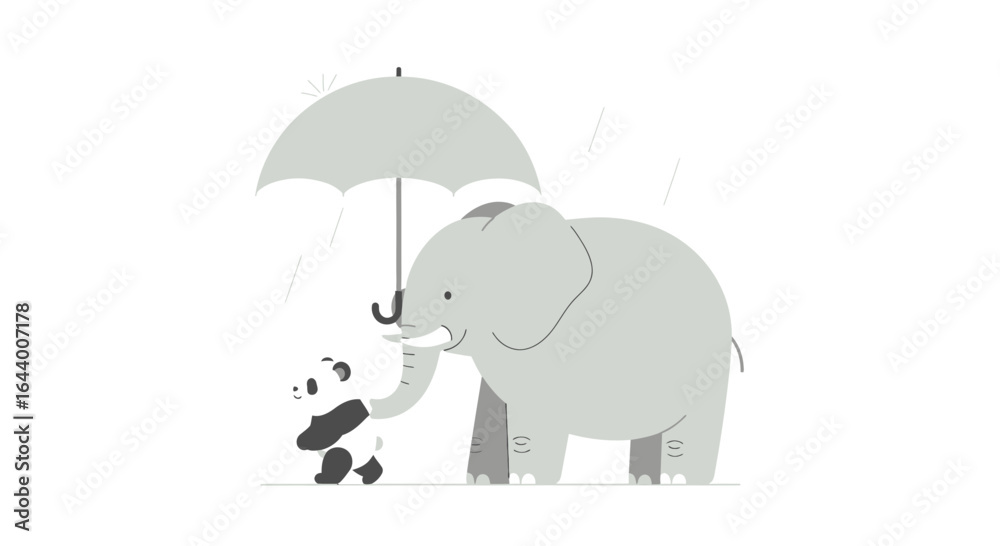 Fototapeta premium An adorable elephant shielding a panda from the rain with an umbrella displaying friendship and help