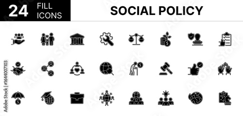 Collection of 24 Social policy fill icons featuring editable strokes. These outline icons depict various modes of Social policy, welfare, health, public, work, law, safety, home, vector, education, so