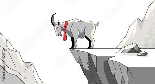 Alpine ibex illustration wearing a red scarf standing on a steep cliffside mountain range, cartoon art style with flat design and strong line work