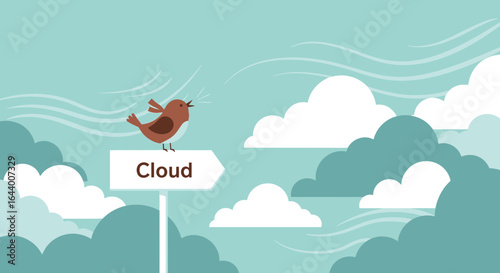 Bird on a cloud direction sign with stylized clouds and wind illustration  perfect for children's book