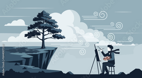 An artist painting on a cliff with a tree in a windy weather creating art