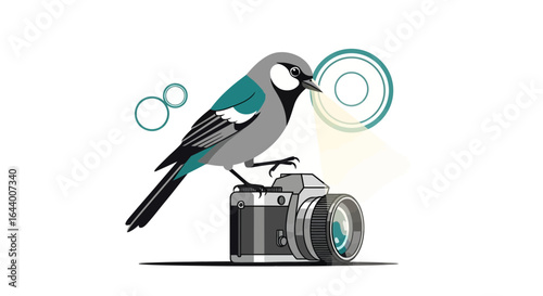 Bird perched atop a camera showcasing wildlife photography with artistic circles providing creative aesthetics
