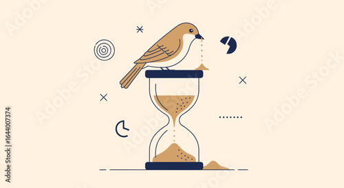 Bird on Hourglass Depicting Time Management and Procrastination with Symbolic Elements