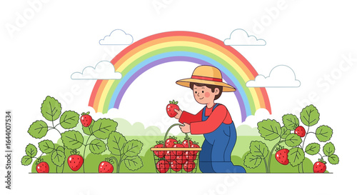 Cartoon Illustration of a Farmer Harvesting Strawberries under a Rainbow Scene