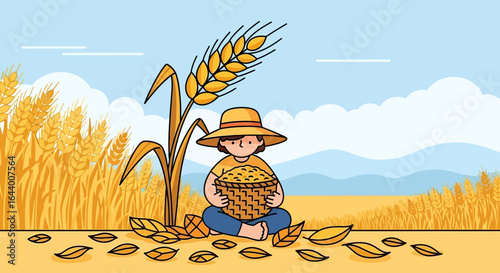 Cartoon illustration of a farmer boy in a wheat field with a basket full of grains