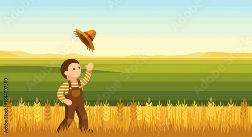 Cartoon illustration of a farmer in a wheat field waving his straw hat outdoors rural environment