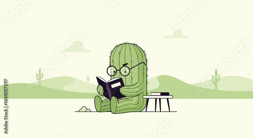 Cartoon cactus reading a book in a desert landscape illustration with soft color palette