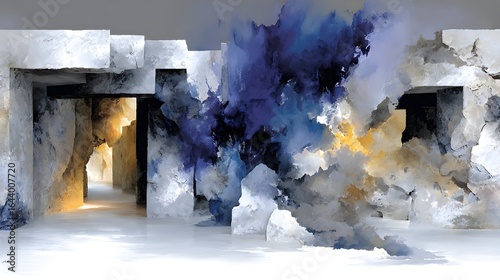 Abstract stone portal, blue cloud burst, light interior, gallery art