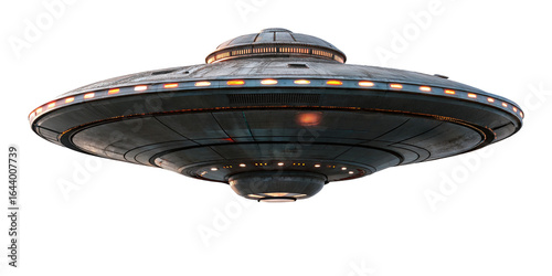 Futuristic flying saucer spaceship isolated on dark background with glowing lights and metallic texture