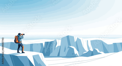 An Explorer Gazing Through Binoculars at a Frozen Landscape Vector Illustration