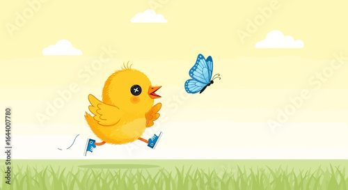 Cartoon chick wearing sneakers chasing a beautiful blue butterfly outdoors in a meadow