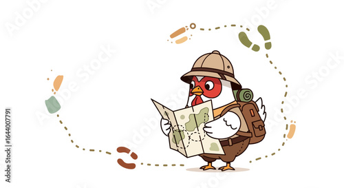 Cartoon chicken adventurer with safari hat and backpack reading a map on adventure