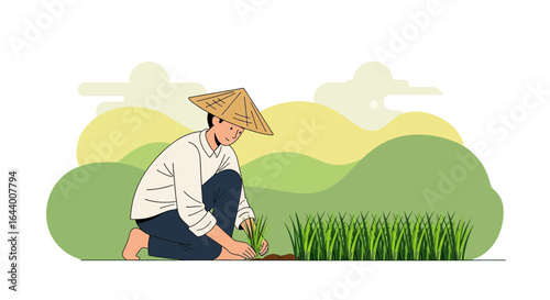 An Illustration Depicting Traditional Rice Farming in Southeast Asia with Conical Hat and Lush Green Landscape