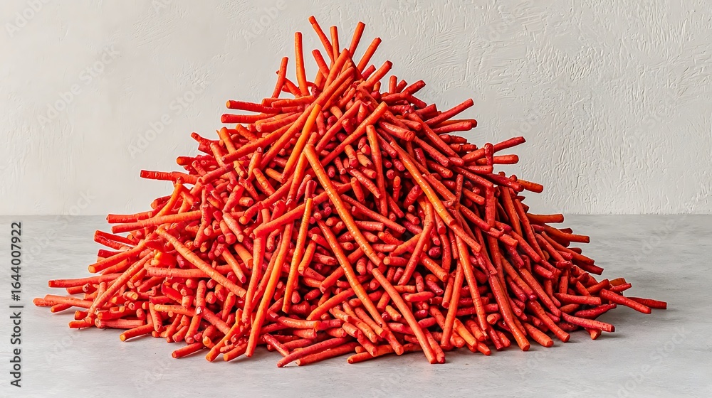 Naklejka premium Professional food styling capture with 50mm lens, carrot sticks forming teepee-style stack, focus on central tips, soft daylight from the side