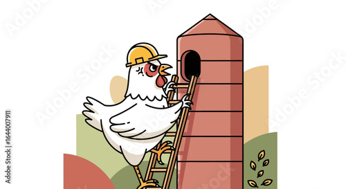 Cartoon chicken in hard hat climbing ladder to silo depicting farm safety humor