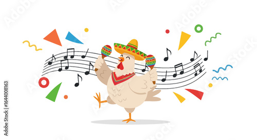 Cartoon chicken wearing sombrero and shaking maracas surrounded by music notes