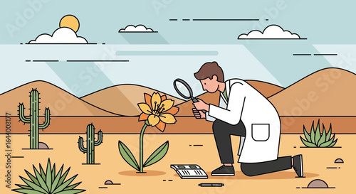 Botanist discovering new desert plant species in arid environment illustration