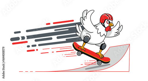 Cartoon chicken with helmet skating on a skateboard performing a trick on ramp