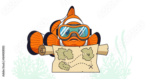 Cartoon clownfish adventurer with diving mask holding a treasure map illustration