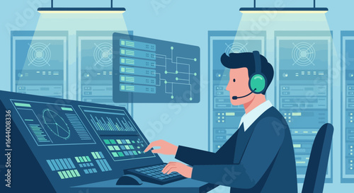 An Illustration of a Data Center Operator Monitoring Servers and Network Performance