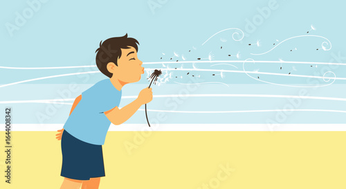 Boy Blowing Dandelion Seeds Away on a Sunny Day Capturing Childhood Joy and Innocence