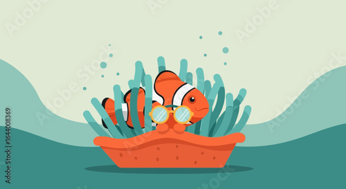 Cartoon clownfish with sunglasses hiding in anemone, vector illustration marine life happy under the sea scene with bubbles