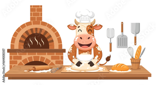 Cartoon cow baking bread in brick oven bakery illustration and cooking concept